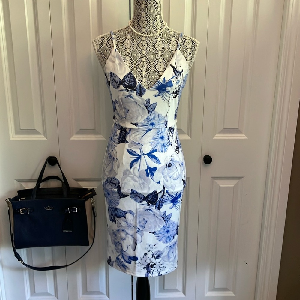 White with shades of blue bodycon summer dress with spaghetti straps